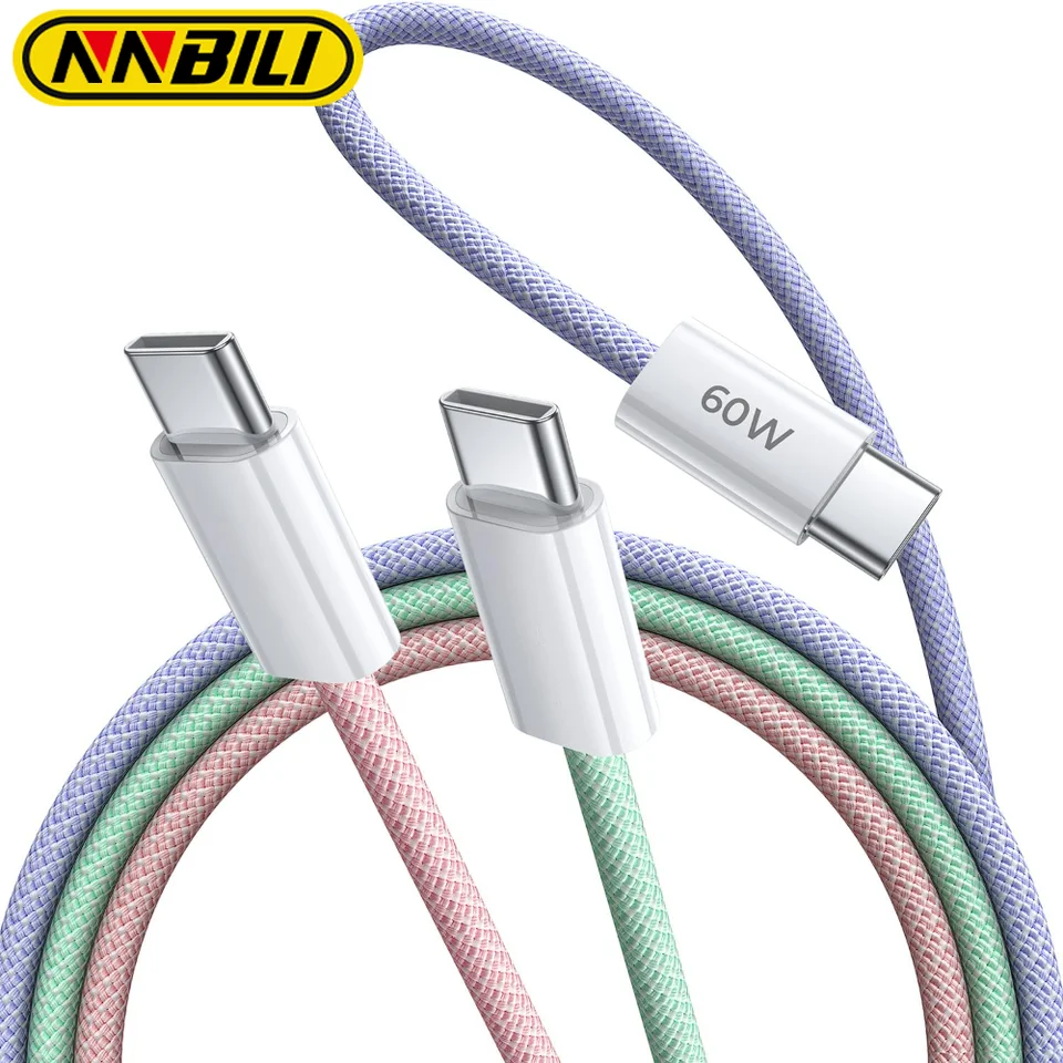 Nnbili USB C TYPY C FARBAL PREPOJECKÉHO KABELOVANIA PREPOJENIA 15 PD 60W Rýchle nabíjanie pre Huawei Xiaomi Samsung Type C Tkavé príslušenstvo káblov