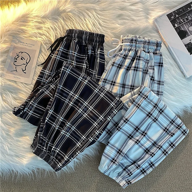 Nohavice Ženy Nová banda nôh móda uvoľnená čierna kockovaná letná leto Študenti Harajuku Streetwear Harem dlhé nohavice Dámske dámske šik