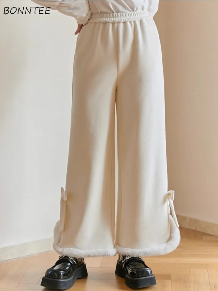 Nohavice Ženy zamatové teplé jeseň zima Príležitostný japonský štýl Kawaii Girls Bow vintage celoštátny členok-dĺžka jednoduchý elastický pás