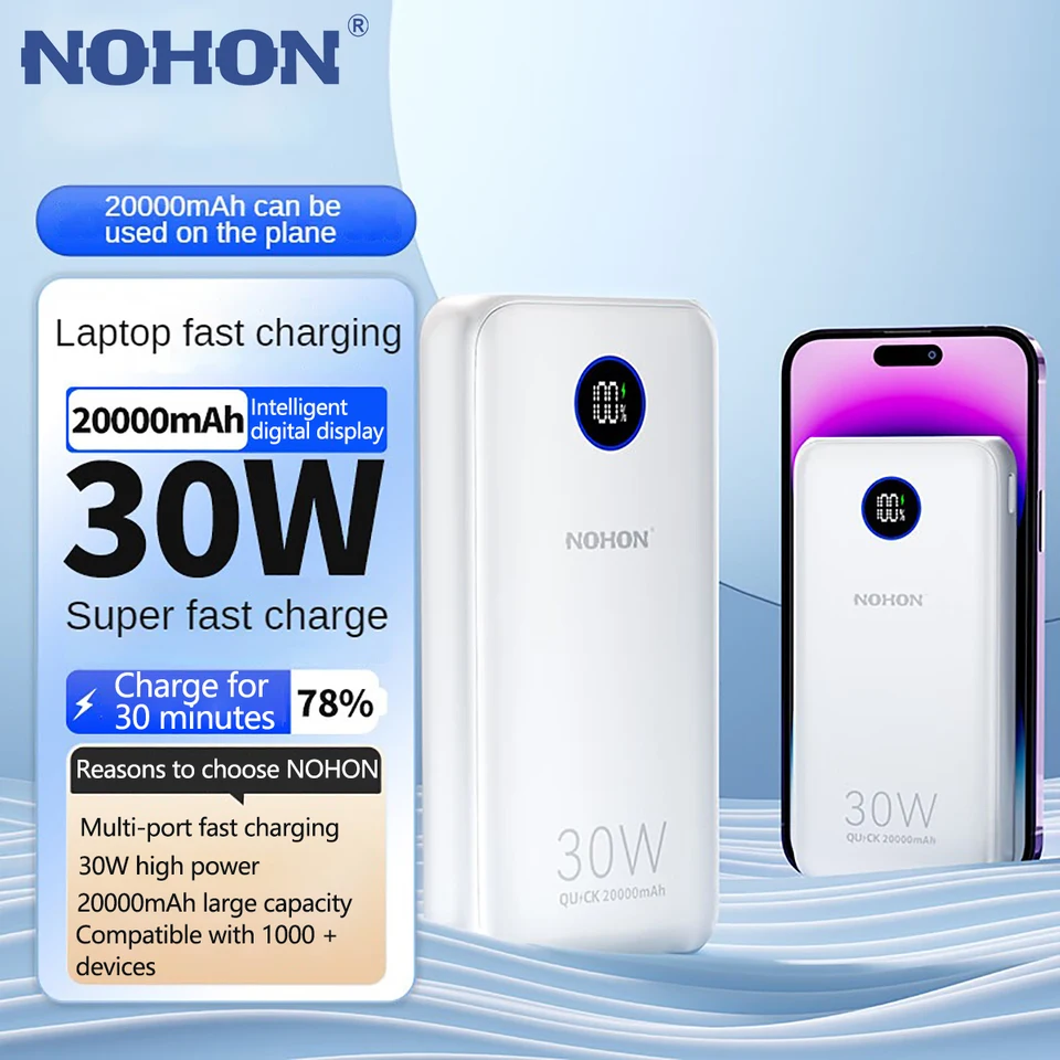 Nohon 30W 20000mah Power Bank Rýchle nabíjanie pre iPhone 16 Pro Max 15 14 13 12 11 iPad Xiaomi Samsung Powerbank Prenosná nabíjačka