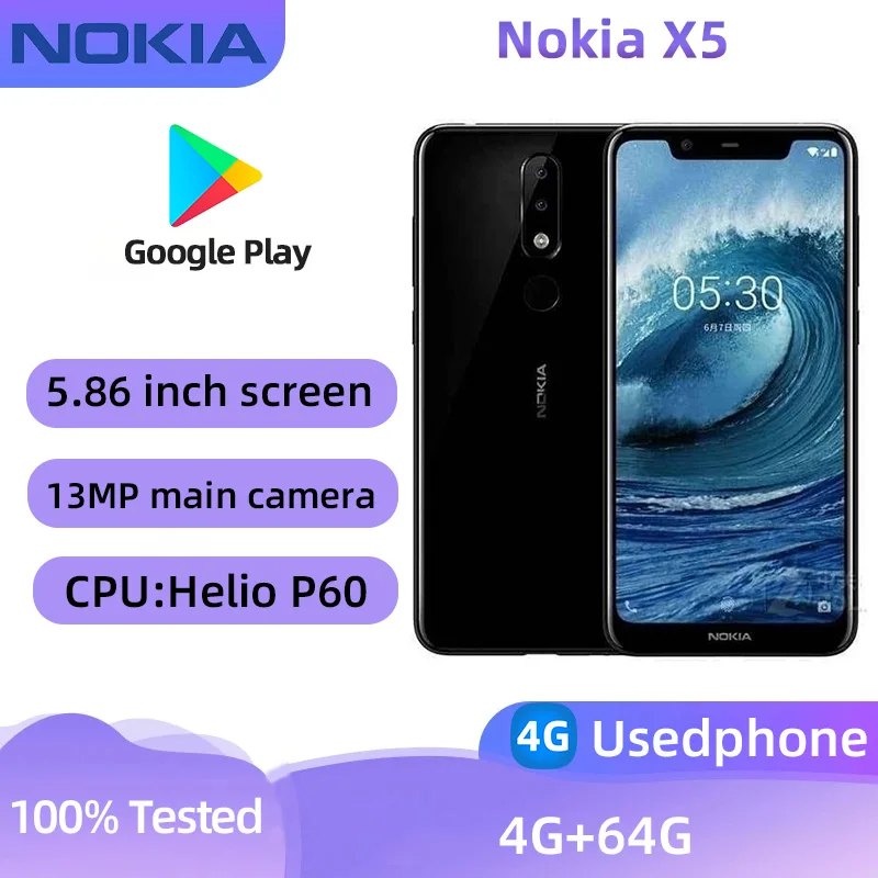 Nokia X5 4G smartfón Android CPU Helio P60 （MT6771） 5,86 palca 3060 mAh batéria 13MP fotoaparát originál použitý telefón