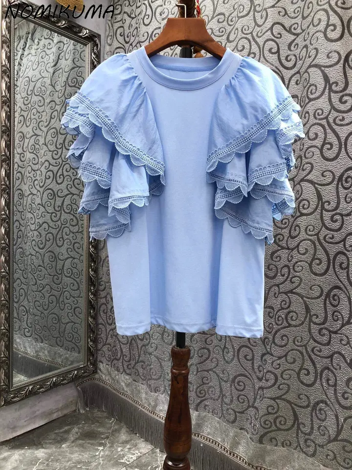 NOMIKUMA 2023 Summer Nové dámske výšivky vrstvené vrstvy s motýľmi rukávy TEE TOPS CAUSAL O-NECK Kórejské elegantné grafické tričká