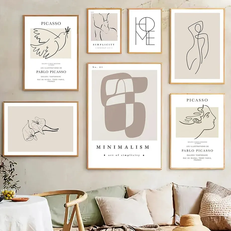 Nordic Abstrakt Line Art Canvas - Matisse Picasso Inspired Girl & Bird Wall Decor pre obývaciu izbu