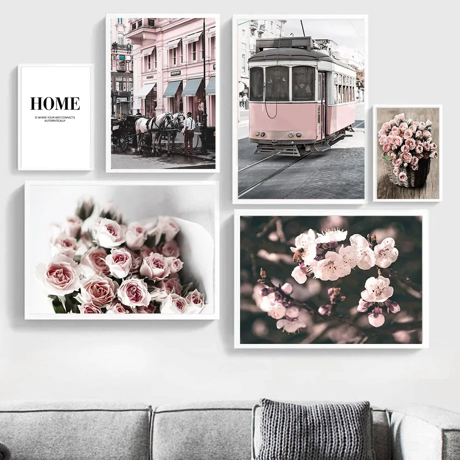 Nordic Canvas Art Prints - Rose, Tram, Bicycle and Peach Blossom Decor Decor pre obývaciu izbu