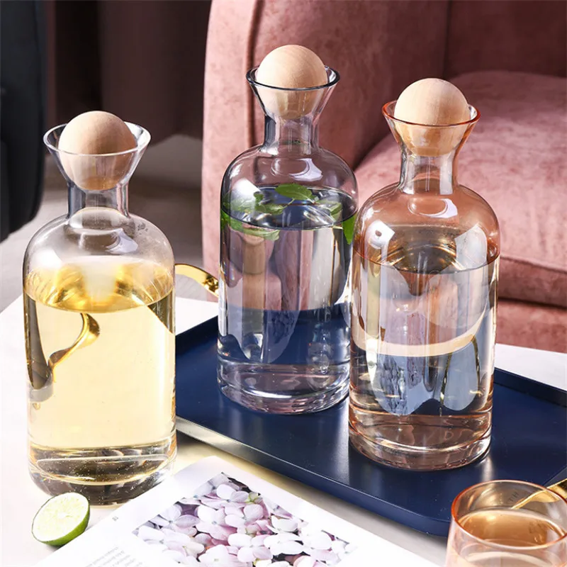 Nordic Glass Carafe Water džbán s drevenou kanvicou Pitie šálka čaju džús džbánu domácnosť nápoj s čistou vodou fľaša
