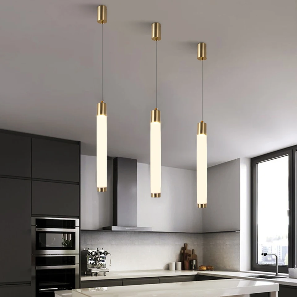 Nordic LED luster prívesok Light Gold Cylindrical Long Tube Lamp pre reštauráciu kuchynský ostrov 360 stupňov Luminát