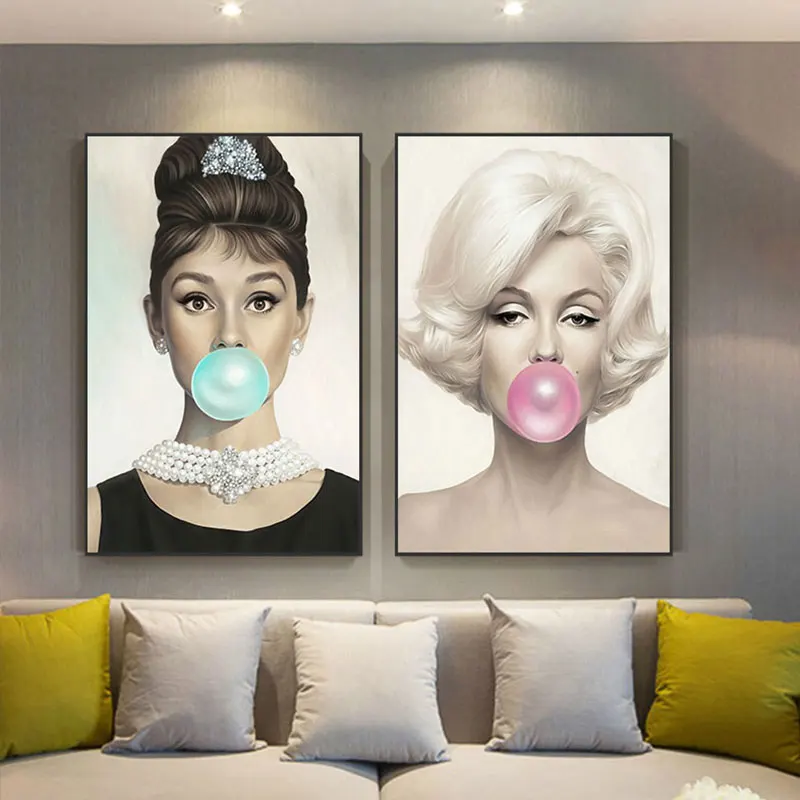 Nordic Mary Monroe Hepburn ružové bubliny maľba maľba veľkého plagátu obrázky pre obývaciu izbu quadro tabluau salón ružový dekor