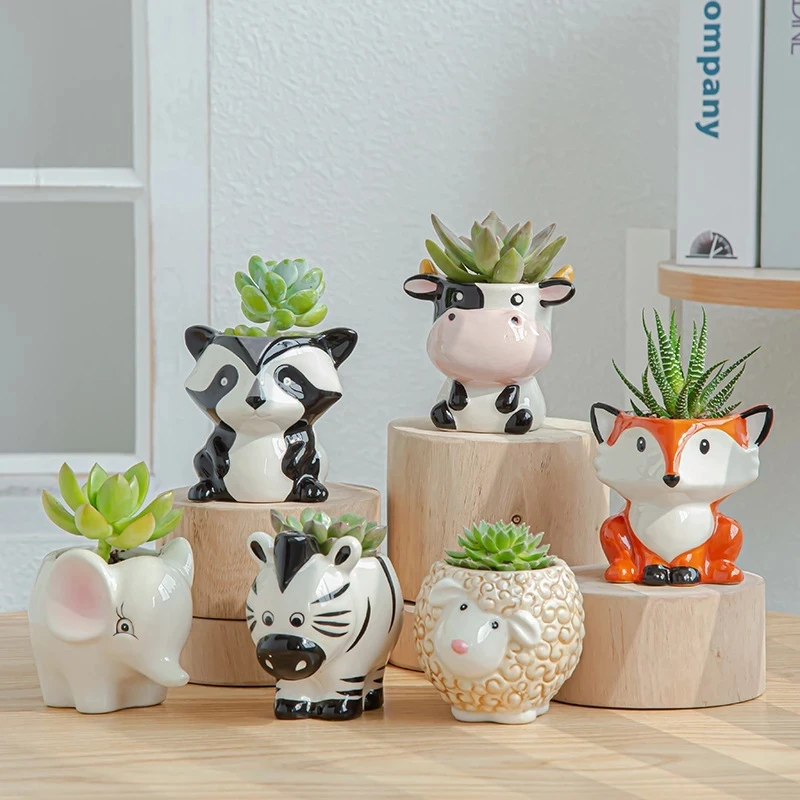 Nordický nový štýl keramický kvetináč kvetina kvetinová karikatúra zebra ovčie kravy hlava Mini hrniec sukulenty rastliny bonsai hrnce domáca dekorácia