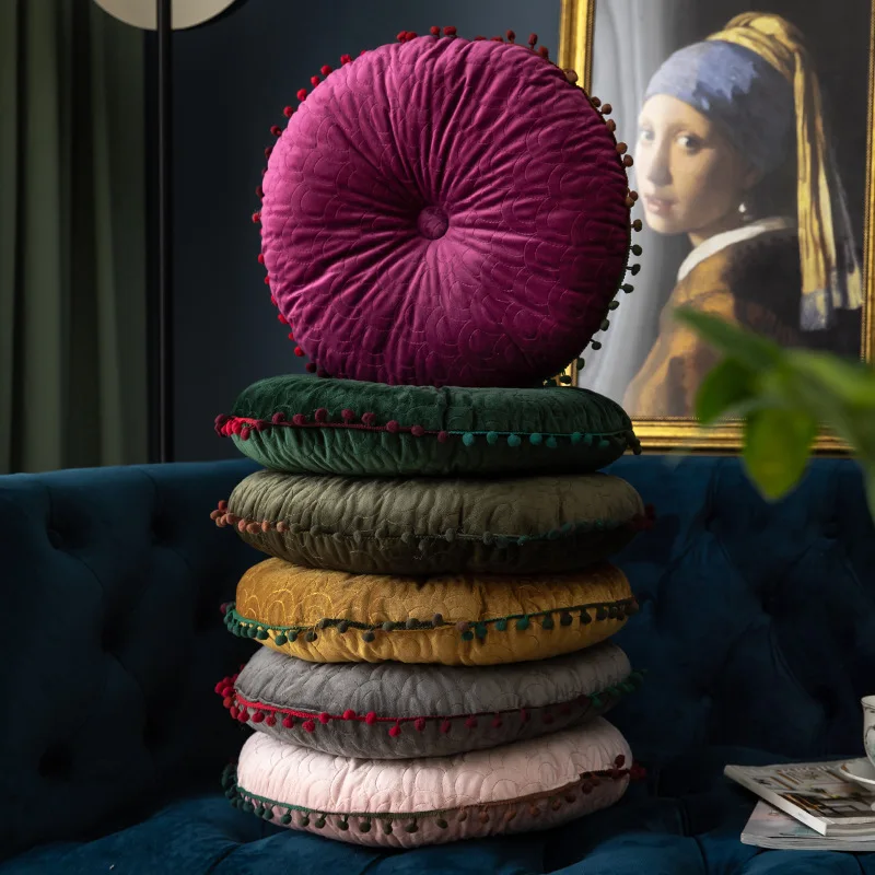 Nordický štýl Tassel Dutch Velvet skladaný tekvicový okrúhly sedadlo vankúš vankúš na pohovku Hotel Domáca dekor Cojines Redondo Coussin