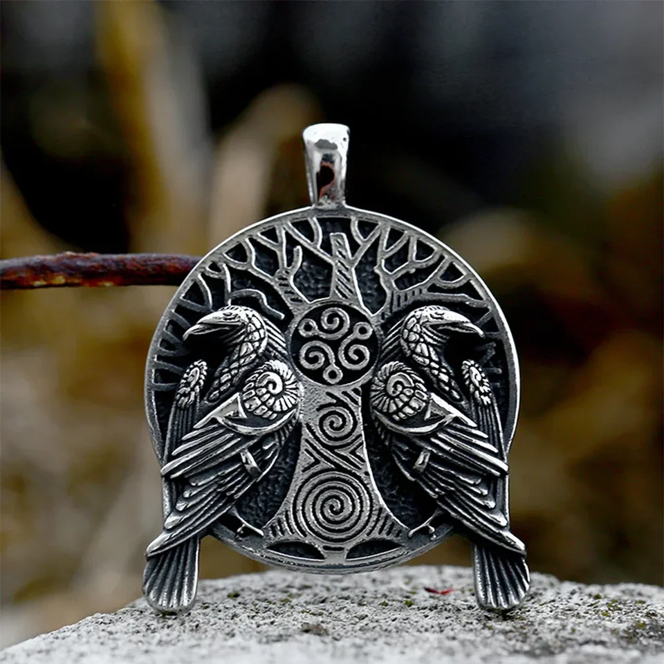 Norse Odin Huginn a Muninn Raven Prívesok Náhrdelník z nehrdzavejúcej ocele Vinobranie Viking strom života Náhrdelník Men Amulet šperky