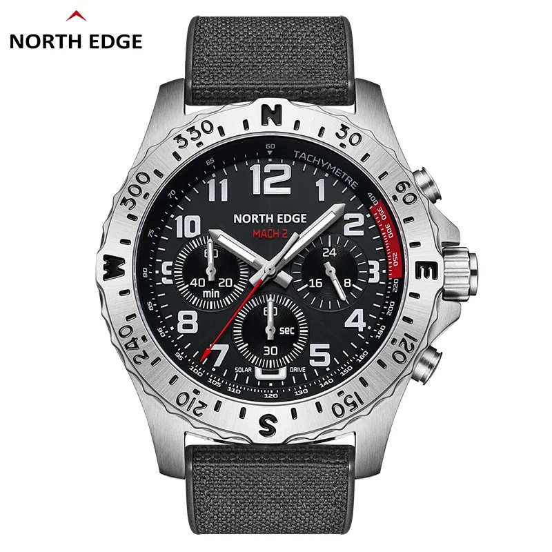 North Edge 2024 Mach 2 Pánske hodinky Solárna energia 316 Nerezová oceľ Case Quartz Watch for Men Pilotný vodotesný 50 m stopky