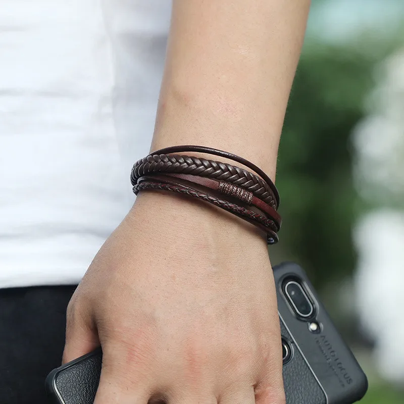 Noter Fashion Man Kožený náramok pletená vlákna Braslet viacvrstvový magnet kúzlo Brazalete pre darček pre hombre pre manžela pulseira