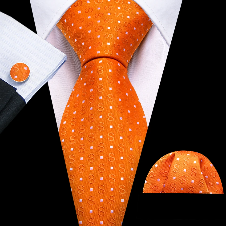 Novinka oranžová S tvarová kravata pre mužov módne hodvábne vreckovky Cufflinks Set Groom Svadobná strana Dizajnér narodeniny Barry.wang