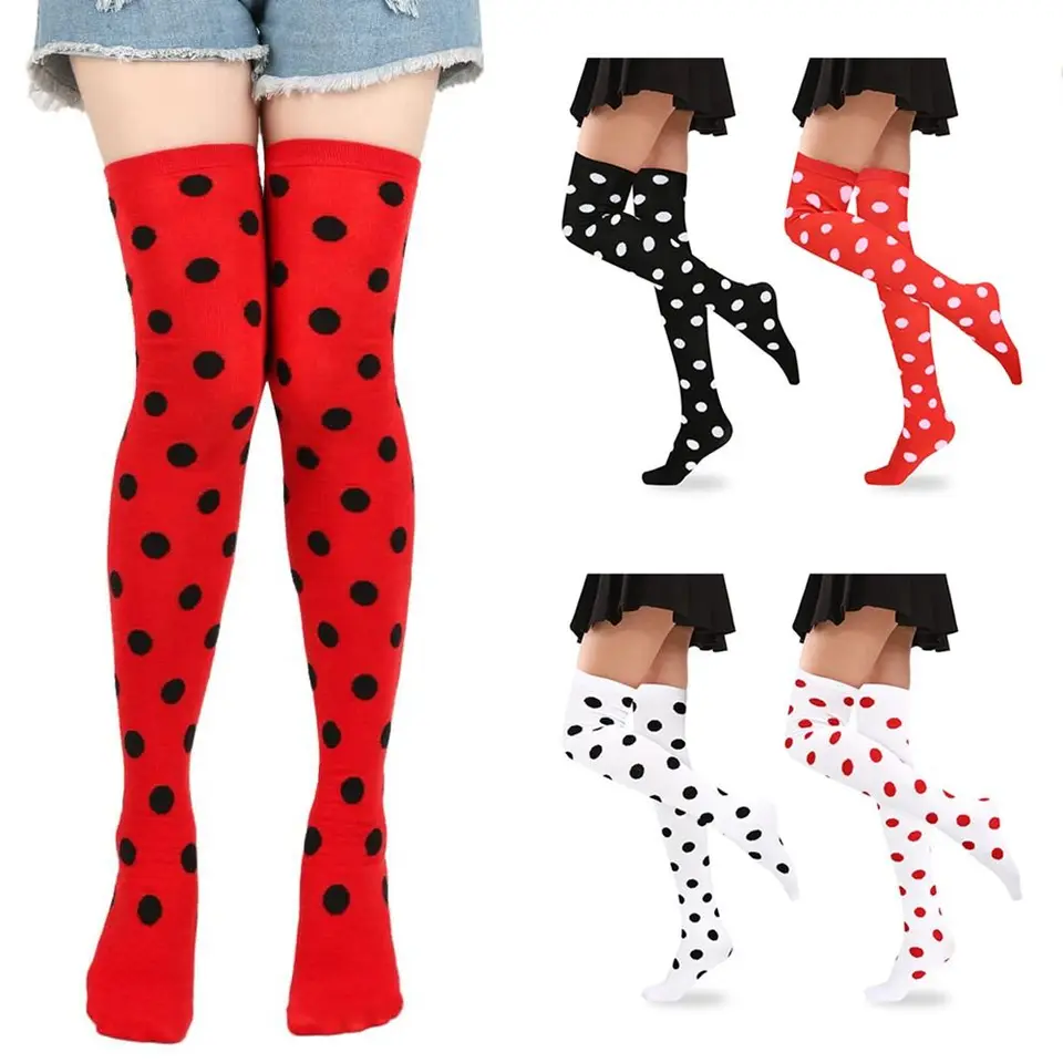 Novinka polka dot stehno vysoké pančuchy ladybug 80. rokov 90. koleno Vysoké ponožky červené čierne dot ponožky pre ženy