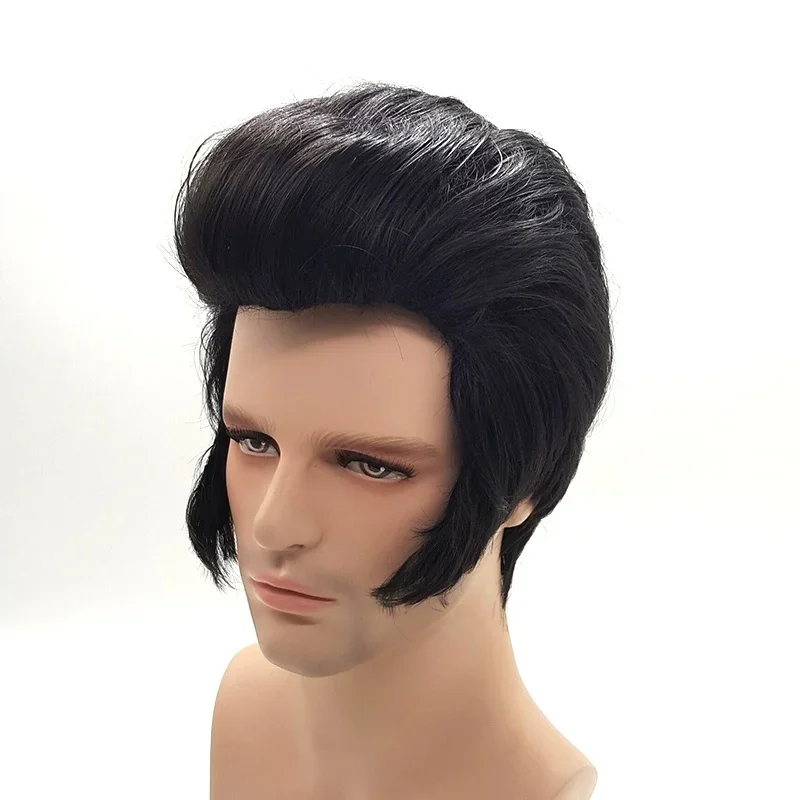 NOVINKA! Pánski rockoví speváci Elvis Cosplay parochňa Elvis Black Heat odolná voči syntetickej vlasovej párty parochňa + parochňa čiapka