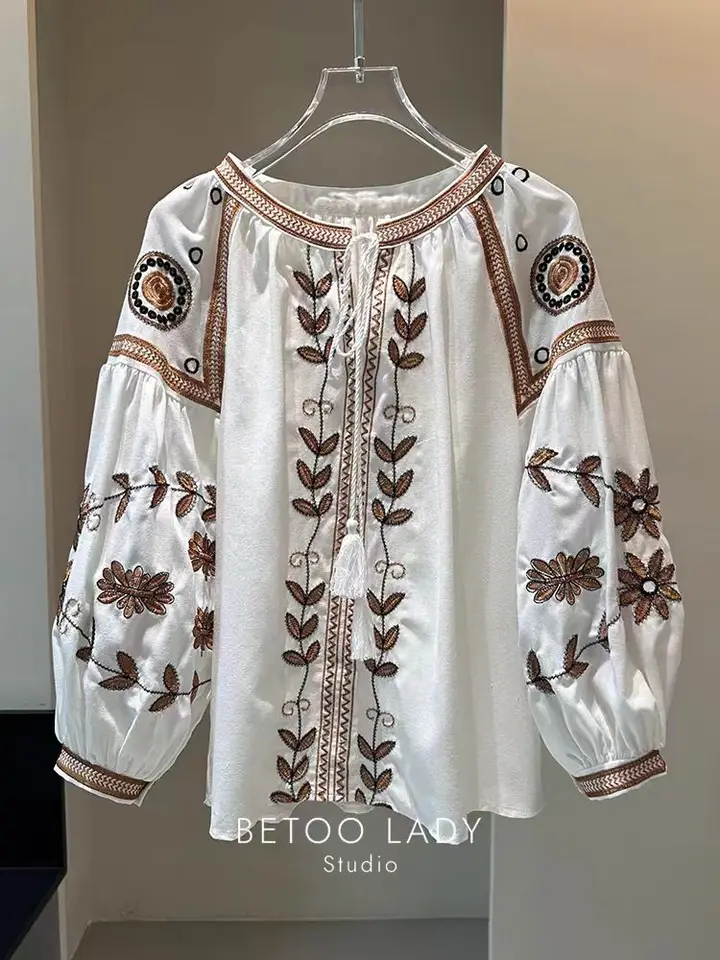 NOVINKA V roku 2024 jesenná výšivka bavlnené košele a blúzka Dámska lampa rukávy top Blusas Dámske oblečenie