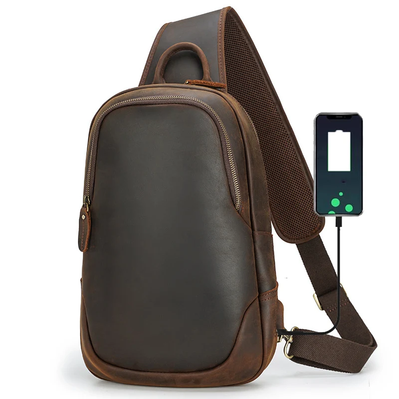 Novinky Vysoko kvalitné hrudné vrecko USB Men Men s ramenom vrecko na praky hrudník koža USB Pánske kožené kožené kabelky Crossbody Retro
