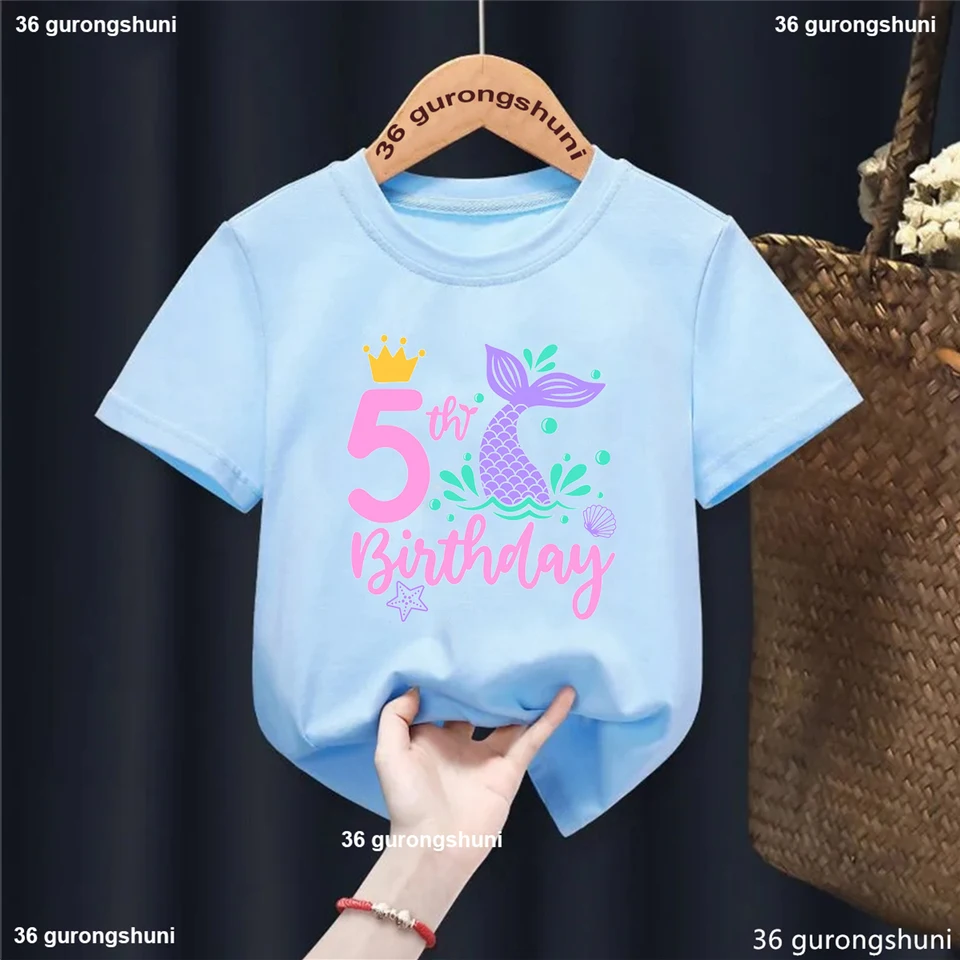 Novo dievčatá Tričko Cute Mermaid Narodeniny číslo tlač 3 4 5 YEAS Old Kids Birthday Darček pre oblečenie Tshirt roztomilé topánky pre detskú košeľu