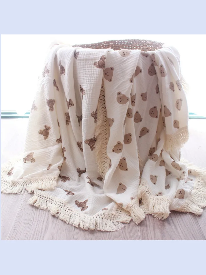 Novonarodená detská organická bavlnená prikrývka Cartoon Bear Print Tassel Quilt módne mäkké strapce prikrývka