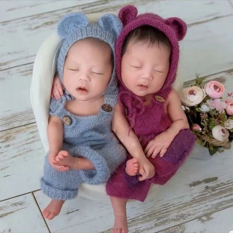 Novonarodené detské fotografovanie rekvizity Boy dievča oblečenie roztomilý medvedí klobúk a kombinézy Soft Soft Mohair Photo Clothes Jumsuit