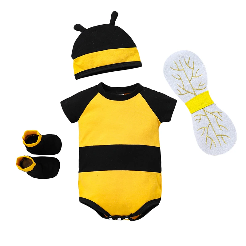 Novonarodené detské včelie kostým s krátkym rukávom včielky včielky Romper Hat Wings Set Set Bee Halloween outfit Cosplay Party