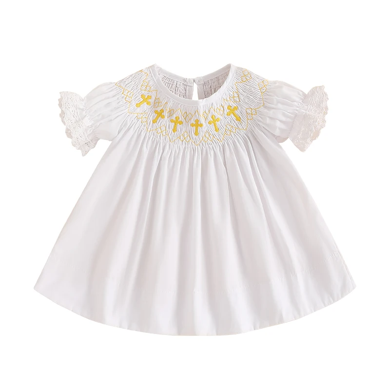 Novonarodené dievčatko Krst outfit Smocked Crosses výšivky šaty s krátkym rukávom Playwear letný outfit 0-18M
