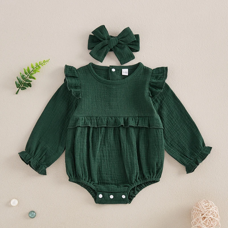 Novonarodené dieťa Dievčatko Oblečenie s dlhým rukávom Smocked Bubble Romper BodySuit s čelenkou roztomilé jesenné zimné oblečenie
