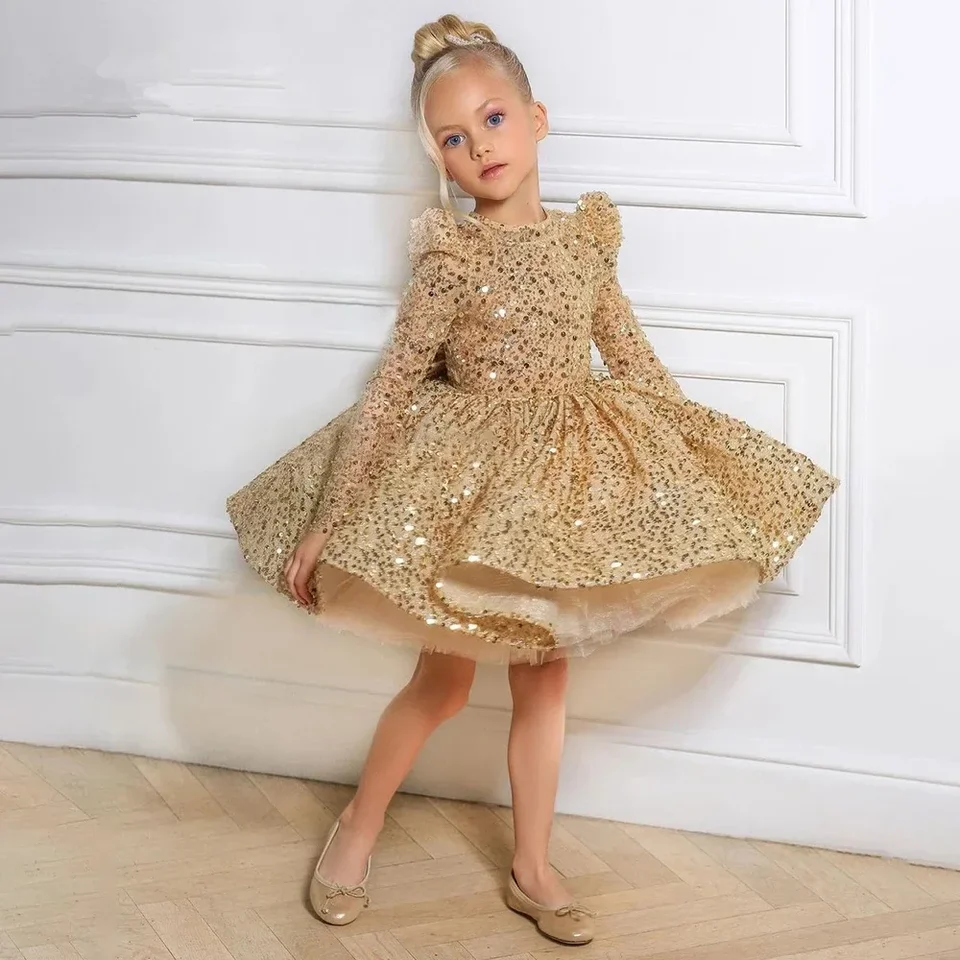 Novonarodené krst dievčatka oblečenie oblečenie zlaté čipky flitry Tulle Princess Dress Party Svadobný krst 1. narodeniny Vestido