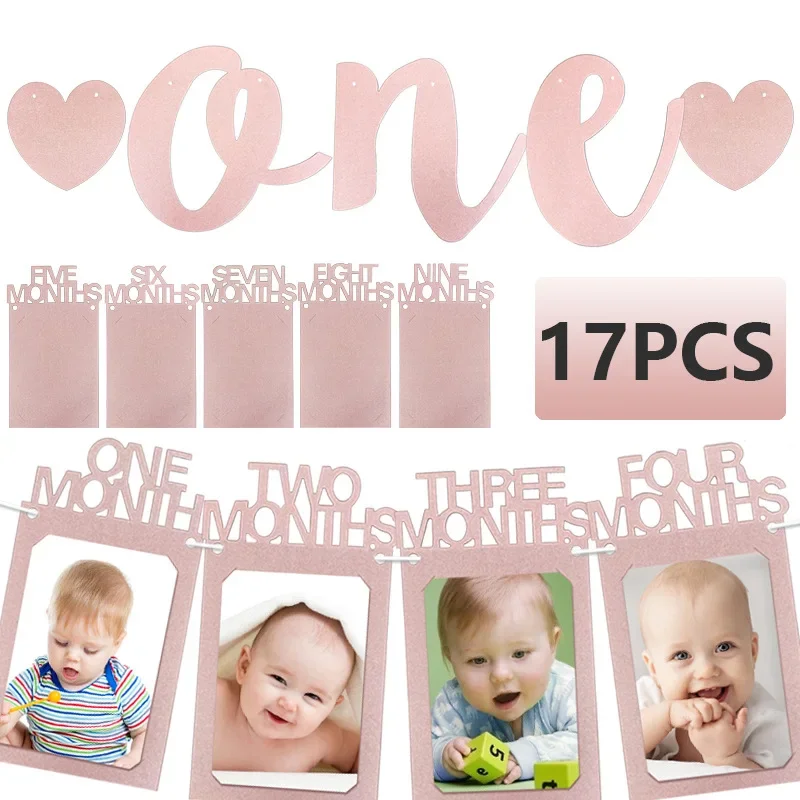 Novonarodený 13 snímok fotografií Banner trblietavé papiere Rose Gold One Love Foto Remanner Banner Jedno šťastné dievčatko narodeninové oslavy dekor