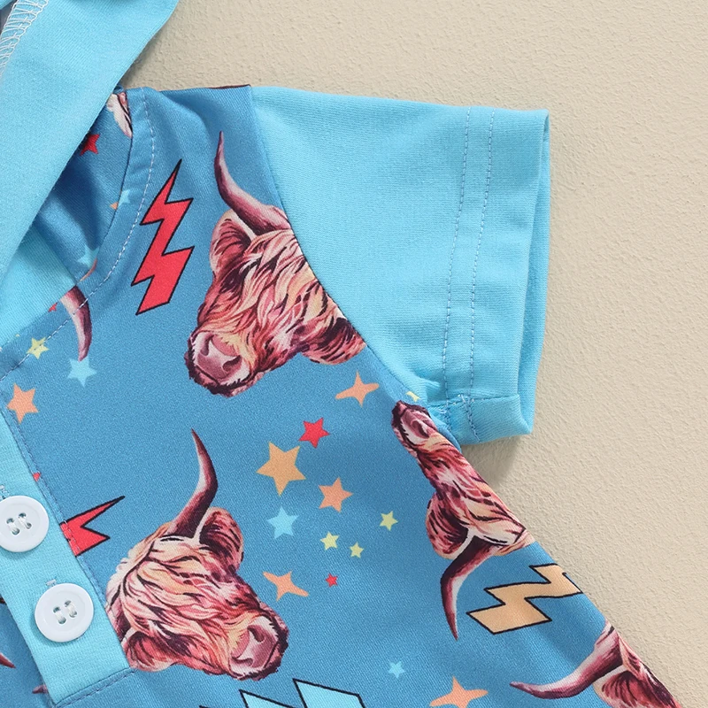 Novonarodený dievčatko Girl Western Romper s krátkym rukávom Highland Highland Cow Head Hoodie Striecksuit šortky s kapucňou celkovo hra