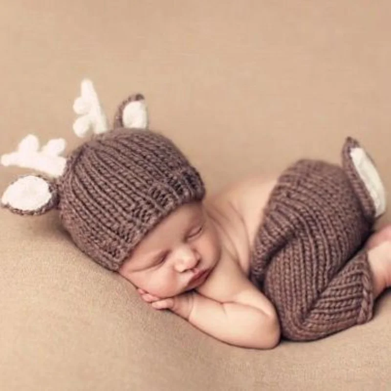 Novorodenecké festivalové fotografovanie rekvizity Deer los dizajn detské detské pletené kostýmy klobúky nohavice 2ks set baby photo doplnky