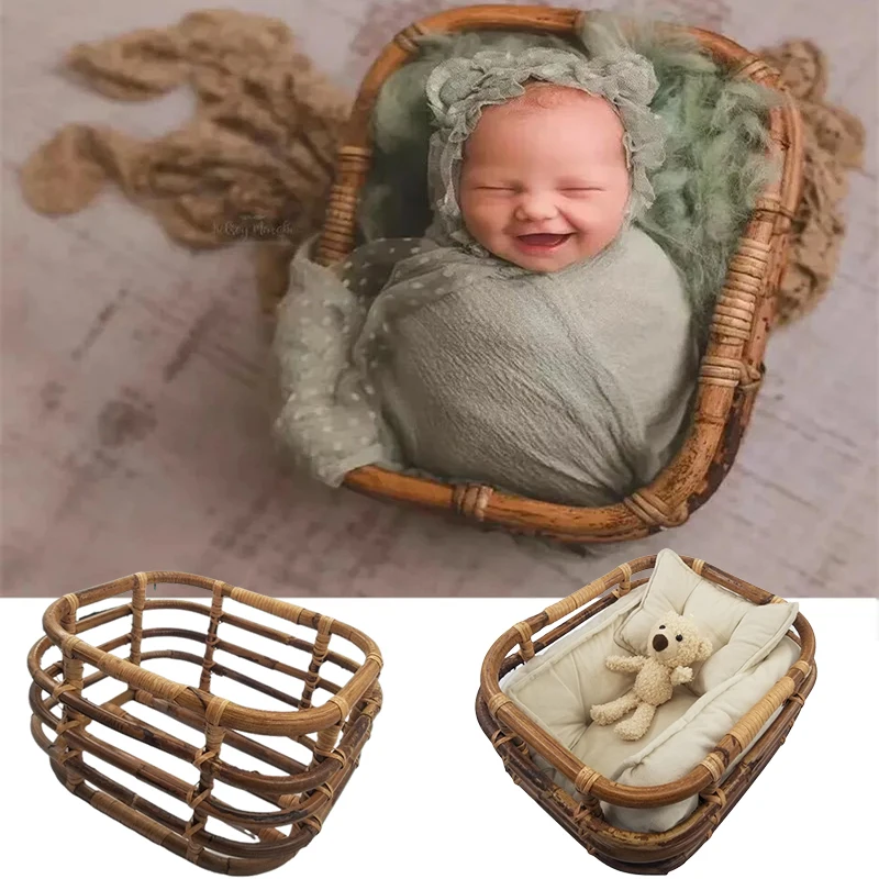 Novorodenecké fotografické rekvizity ručne vyrábané ratan štvorcové Baskests detské snímanie pózovanie kontajnerov štúdio dojčenské photoshoot doplnky