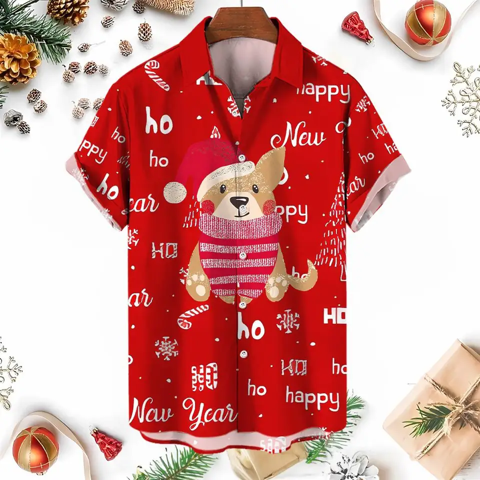 Novoročné pánske havajské 3D tlačové vzory košele s krátkym rukávom X'mas Casual Beachwear Fashion Lafels