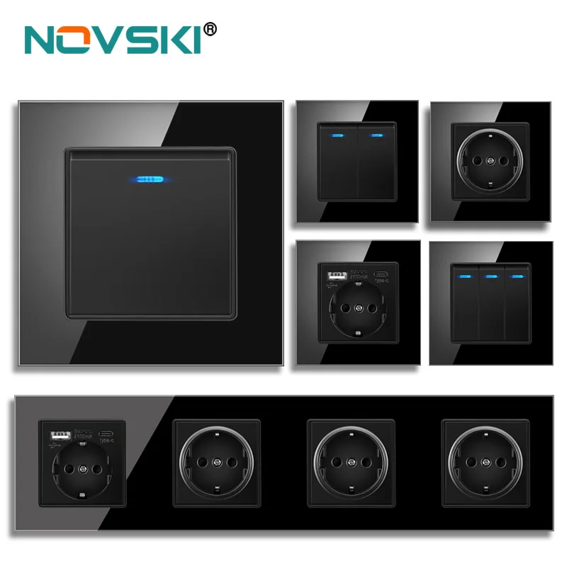 Novski 86 Typ Power Socket, zástrčka s nabíjacím portom 2.1a 16a USB, sklenený panel, ruská španielska zásuvka