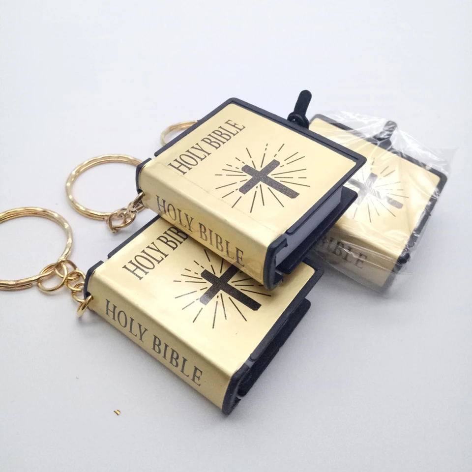 NOVÁ 1PC MINICKÁ ANGLICKÁ Svätá Biblia Keychain kresťan Ježiš kríž moslimské kľúče skutočný papier môže čítať modlitbu Boh žehnaj kľúčový držiteľ