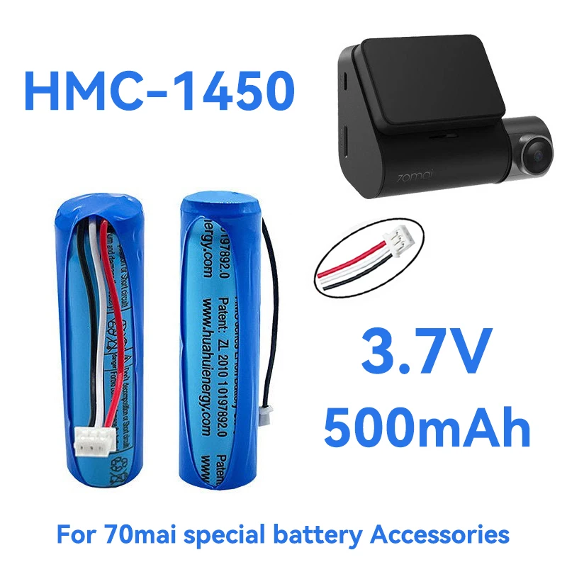 Nová 3,7 V 500 mAh Li-iónová batéria pre 70mai Smart Dash Cam Pro Midrive D02 HMC-1450 Výmena Batter 3 Wire Plug 14x50mm Nástroje