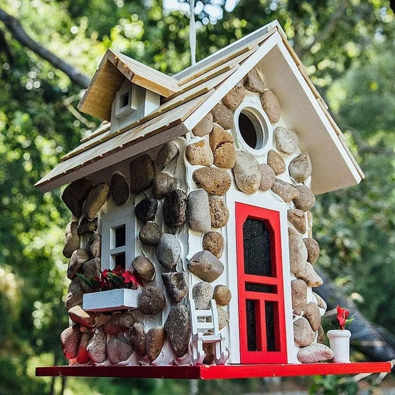 Nová drevená kamenná chata vtáčie dom Hummingbird Feeder živice záhradné sochy ručne vyrábané