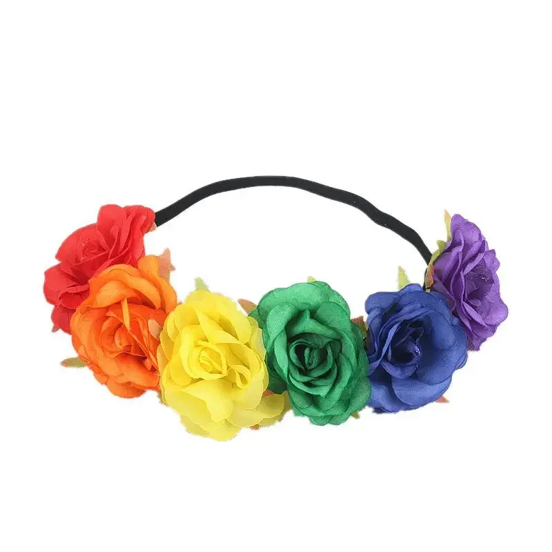 Nová dúhová farebná čelenka simulácia ružovej kvetiny elastická čelenka pýcha Moon Party Holiday Garland Headress