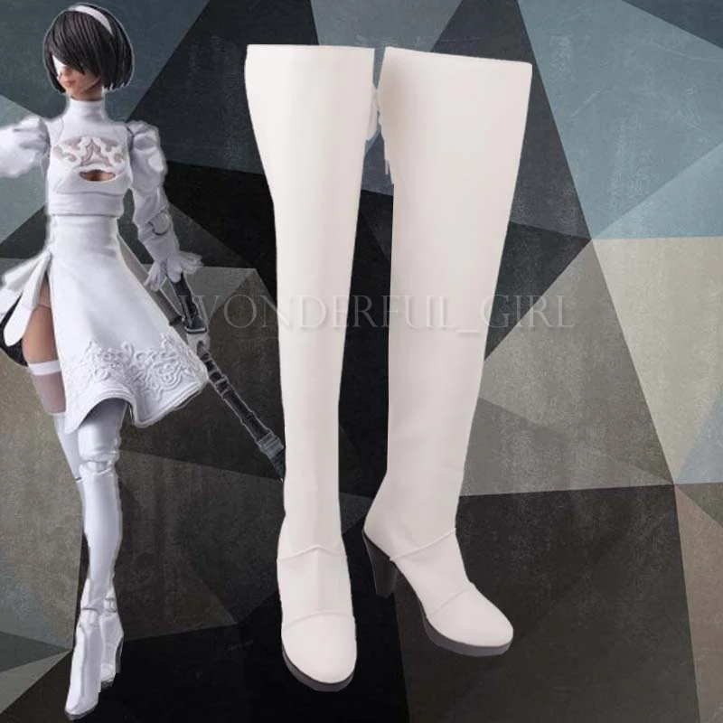 Nová hra Nier Automata Cosplay topánky Yorha 2B koleno dĺžka kožené topánky topánky biele vysoké podpätky Lace-up veľkosť 35-47