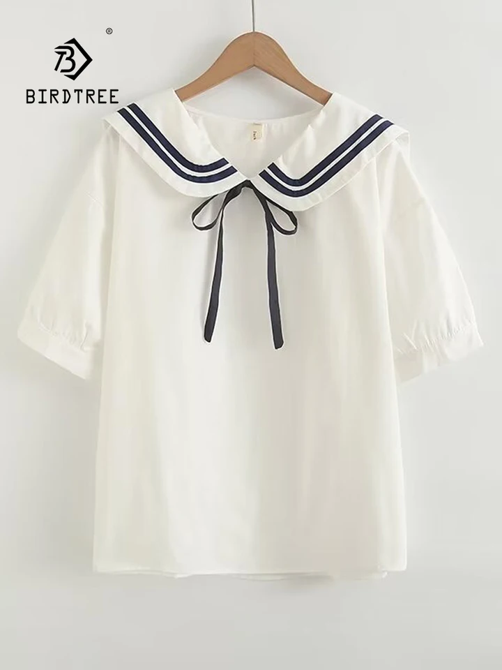 Nová jarná bavlnená košeľa Ženy Námorný golier s krátkym rukávom Top Girl Fashion Retro ol Commute Blouses 2024 Summer T45448QC