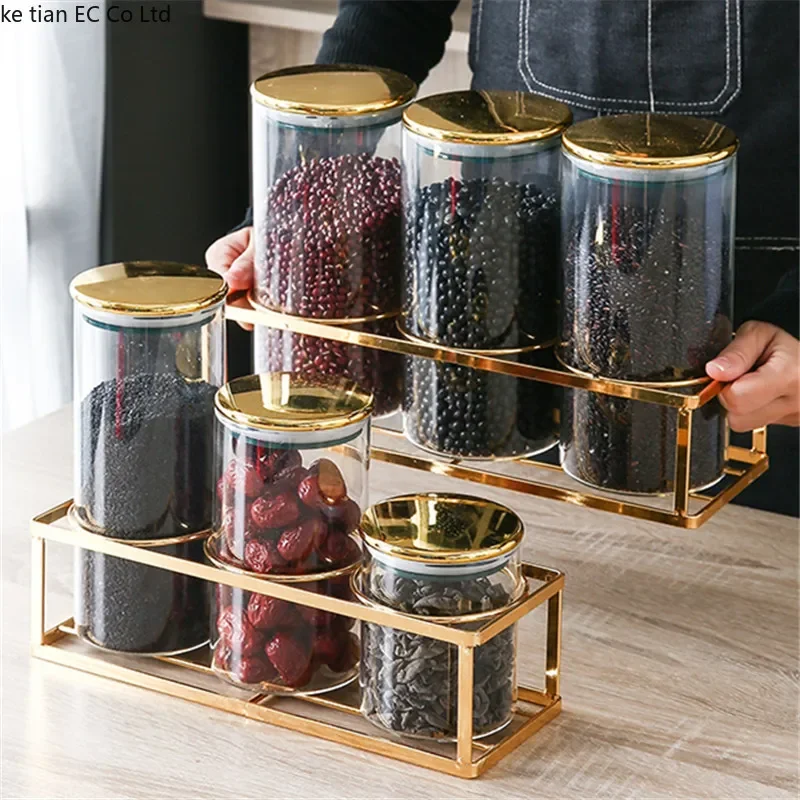 Nová jediná kuchyňa vzduchotesná nádoba Candy Glass Jar Trojdielna skladovacia nádrž pre celé zrná s krabičkou na veko kuchyne s stojanom s stojanom