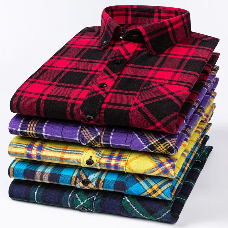 Nová jesenná zimná módna muži Príležitostné flanel Plaid Plaid s dlhým rukávom košele S-8XL Pravidelné fit vreckové košele