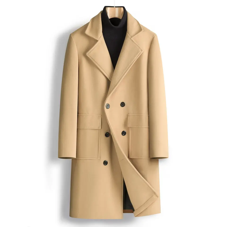 Nová jesenná zimná zimná mužská dvojitá vlnená vlna solídny farebný podnik Obchodne stredná dĺžka Outwear Male Anglicko Trench