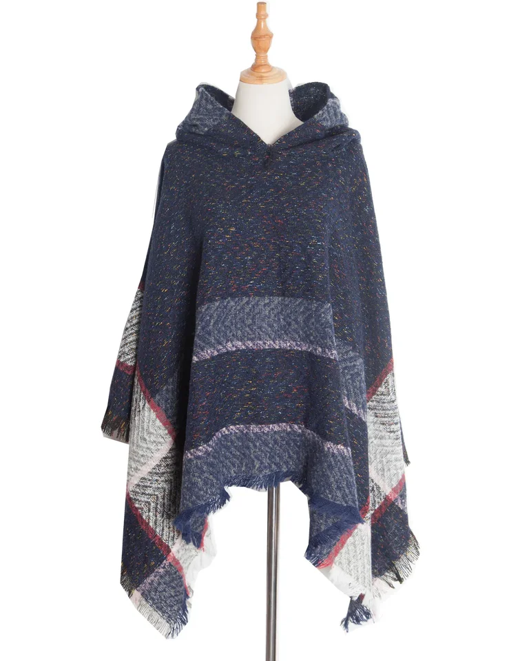 Nová jesenná zimná zimná vzorka rybie kosti dámska kapucňa Cape Pullover Cape Women Poncho Lady Capes Blue Cloaks