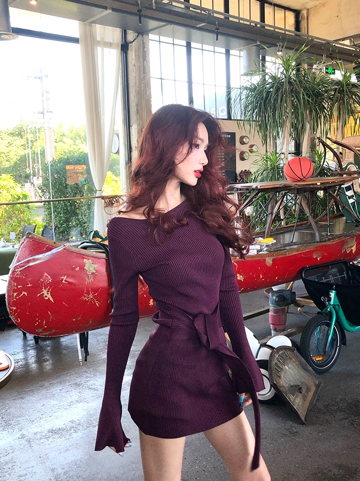 Nová jeseň sexy štíhle pletené šaty Žena Purpurová elegantná elegantná mini šaty na párty jednostup