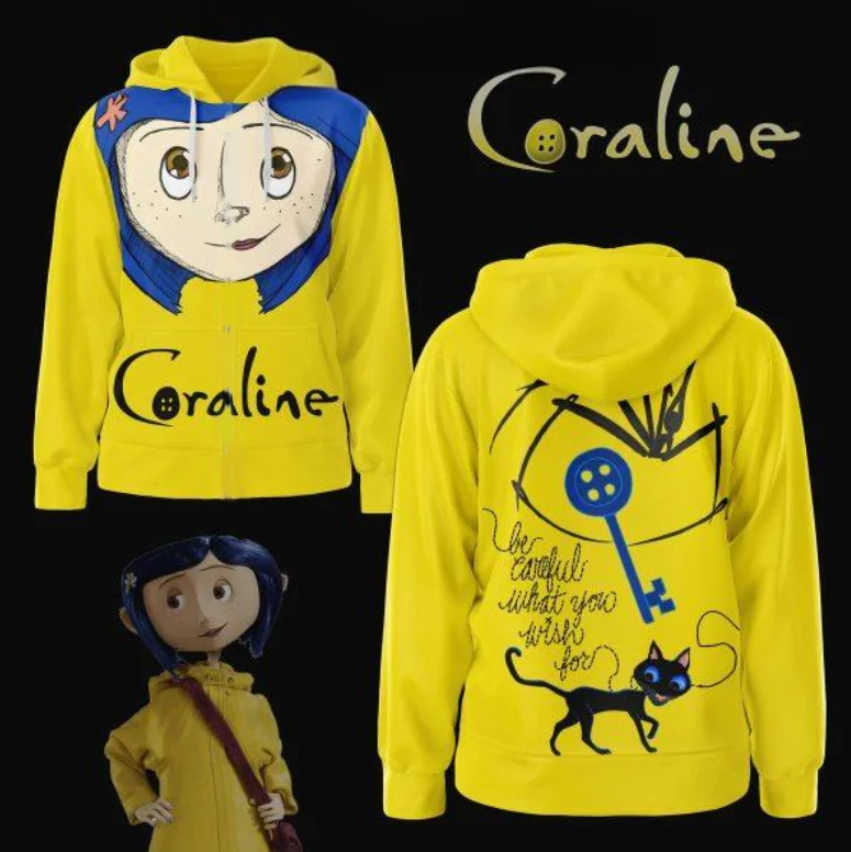 Nová karikatúra Anime Coraline Cosplay mikiny 3D tlač Men ženy s kapucňou s kapucňou nadmerne nadmerne
