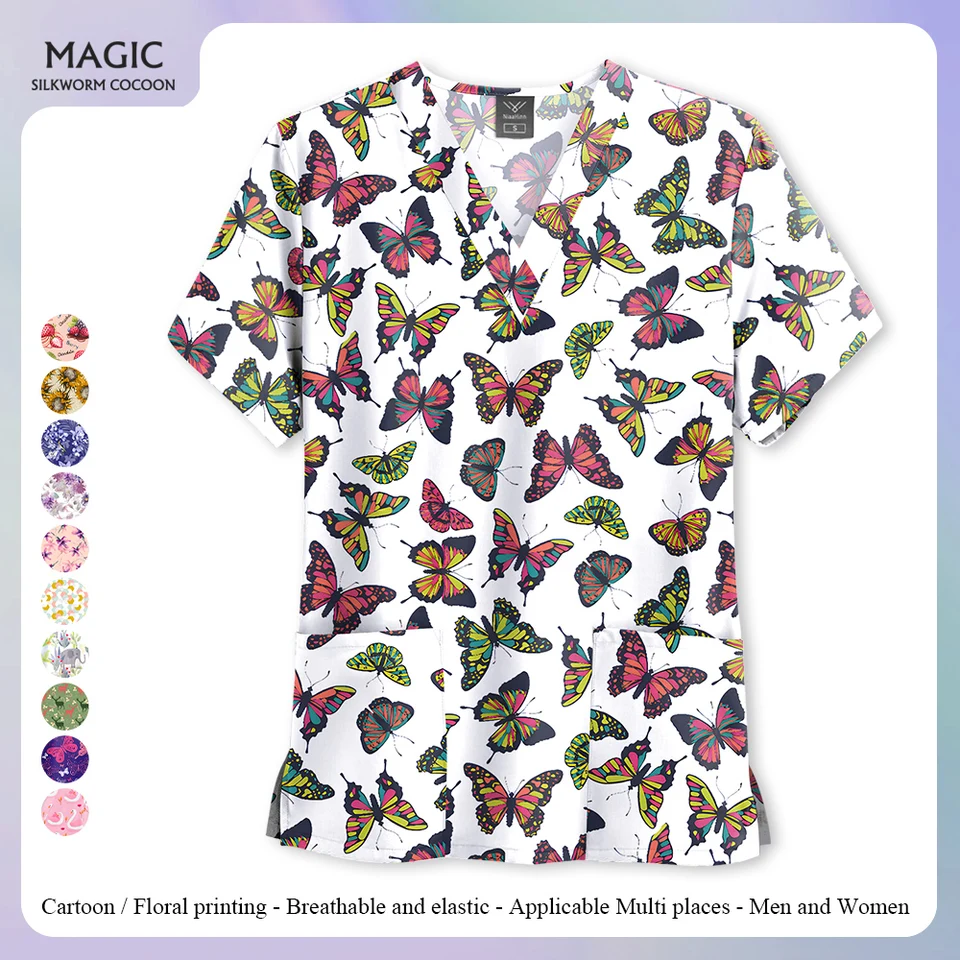 Nová karikatúra Butterfly Print Nurse Medical Uniformy V-krk na krk na krátky rukáv Pracovné odevy Tops Scrubs uniformy Lekárske doplnky