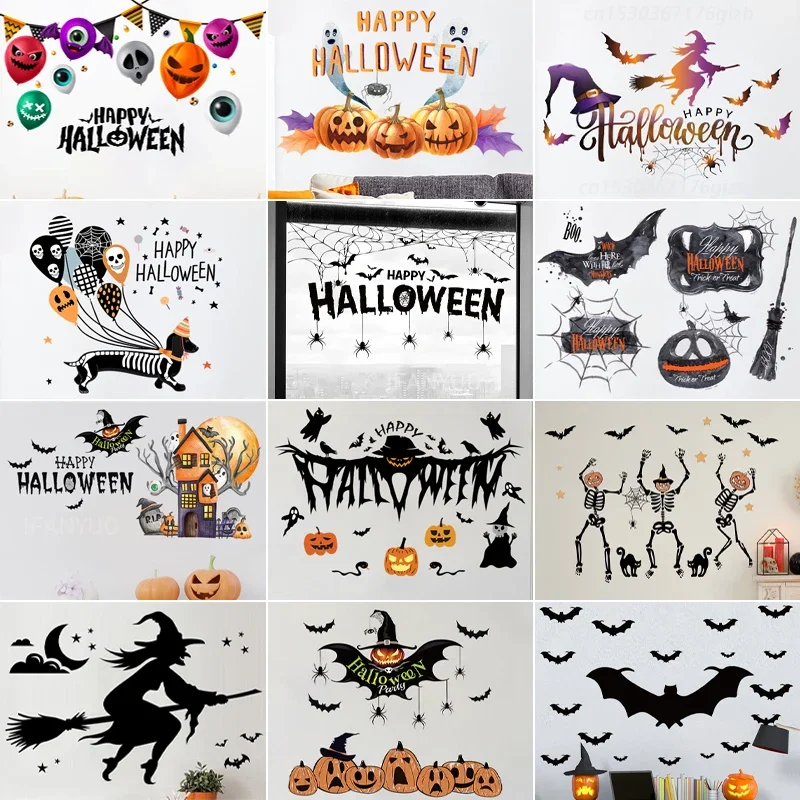 Nová karikatúra Halloween dekorácia lebka Bat Bat Pumpkin Cat Witch Party Domov interiér nástenné nálepky pre deti