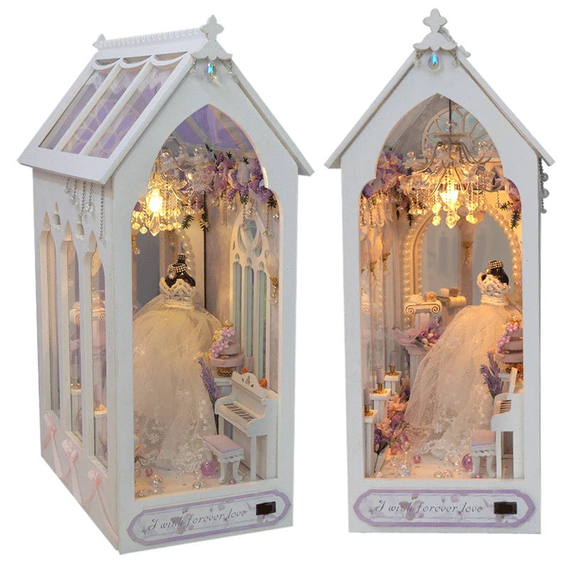 Nová kniha DIY Book Nook Drevené miniatúrne modelové súpravy Svadobné šaty Casa Bookend s ľahkou 3D skladačkou knižnice Domáce dekorácie Priatelia darčeky
