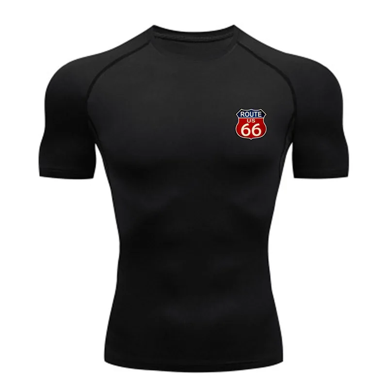 Nová komprimovaná košeľa Pánska fitness telocvičňa US Route 66 Športové bežecké tričko Slnko Ochrana Top rýchle sušenie Tričko s krátkym rukávom